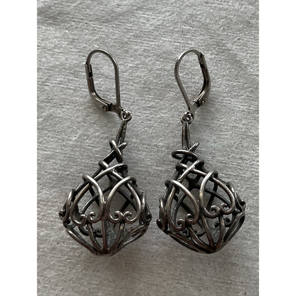 Vintage 925 Sterling Silver open filigree teardrop dangle earrings Estate Jewelr